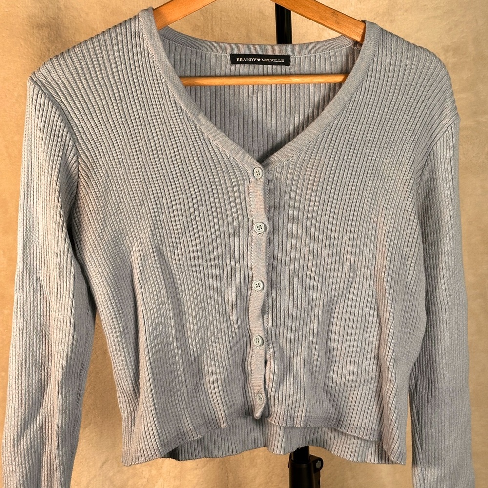 Brandy Melville Ribbed Cropped Cardigan Sweater Light Blue